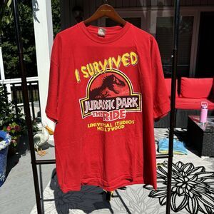 Vintage 90s Jurassic Park The Ride T Shirt Red Short Sleeve Sz 2XL Movie Promo